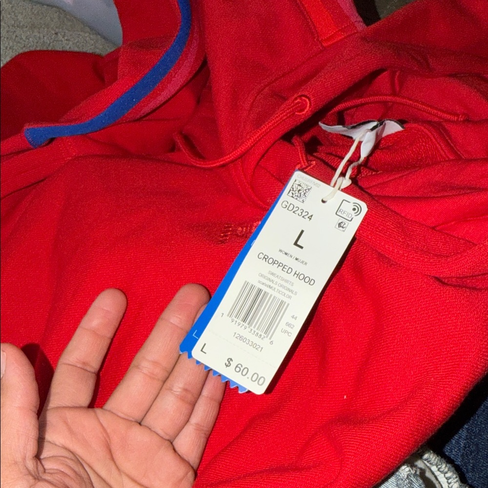 adidas Red Cropped Hoodie with Multicolor Trefoil Sleeve Accent - Picture 3 of 5